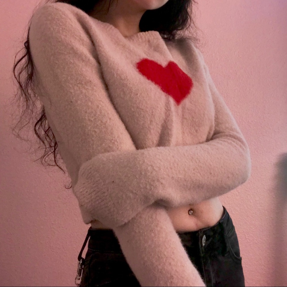 Fuzzy Pink Cropped Heart Sweater